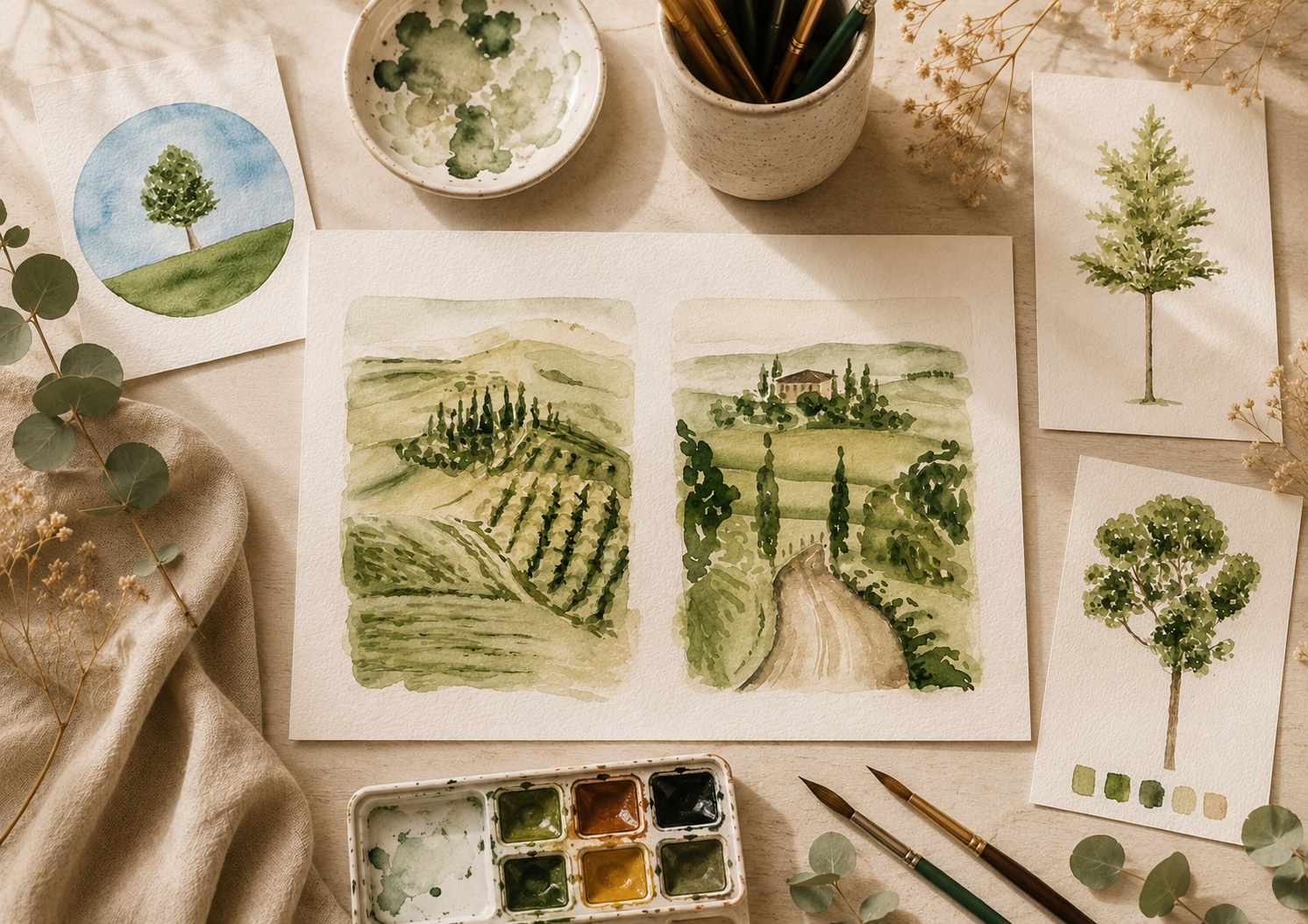 Vegetación y paisaje en acuarela